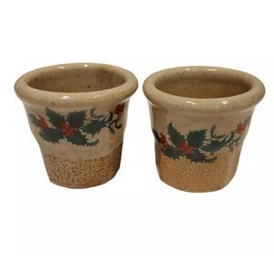 Monroe Pottery 2.5" Salt Works Maine Holly Holiday Toothpick Holder Votive Set 2